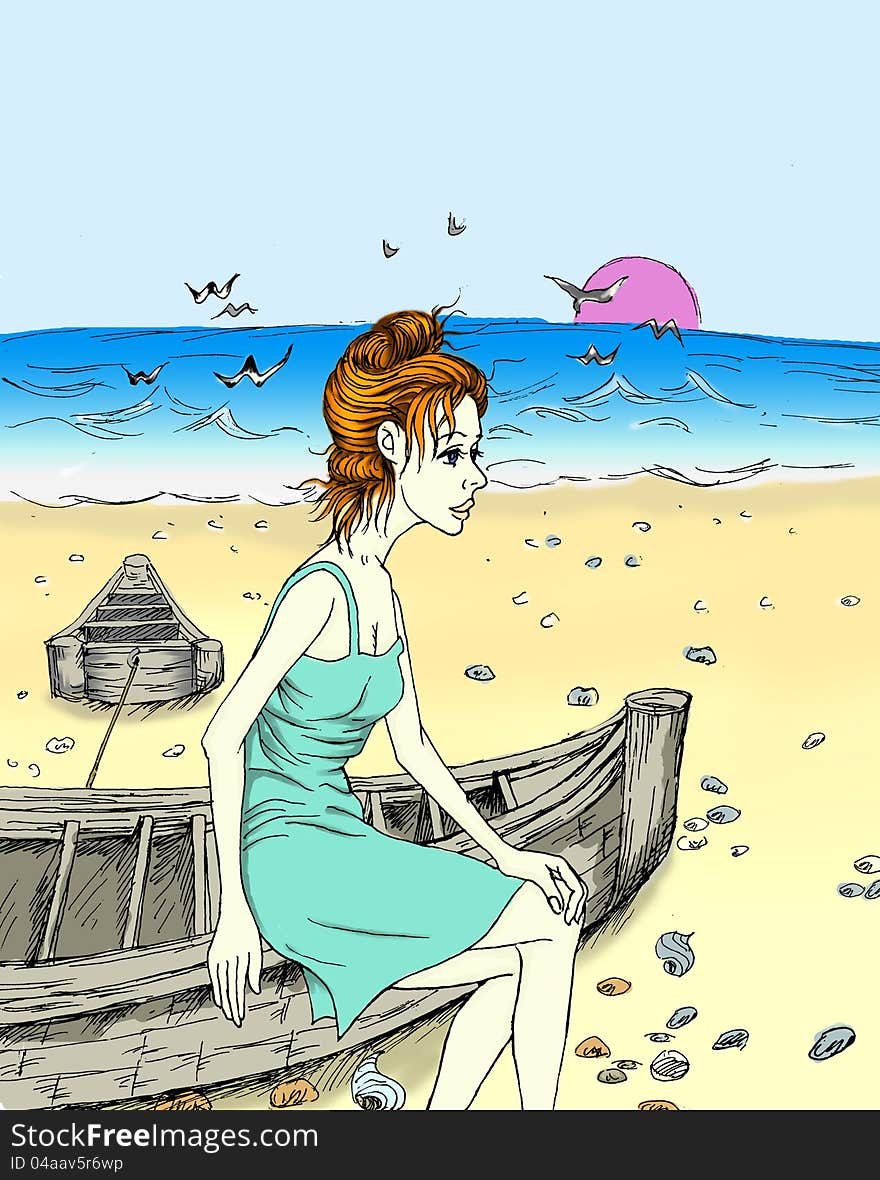 A beautiful young girl and boat illustration. A beautiful young girl and boat illustration