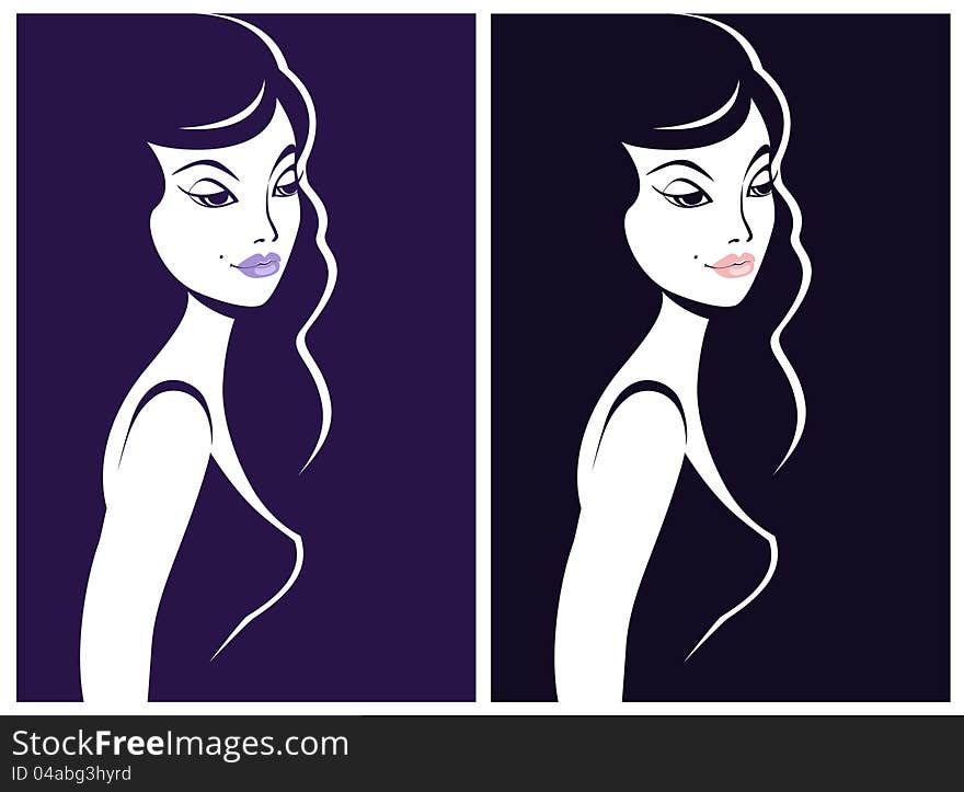 Vector illustration of shadow portrait of beautiful woman with dark hair in blue and black colors. Girl silhouette icon. Vector illustration of shadow portrait of beautiful woman with dark hair in blue and black colors. Girl silhouette icon