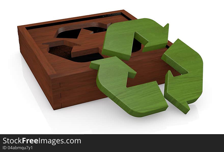 One retro wooden puzzle made with a recycling symbol (3d render). One retro wooden puzzle made with a recycling symbol (3d render)