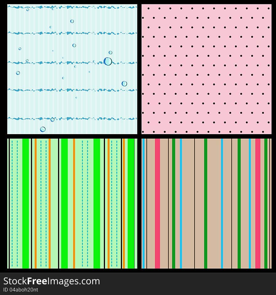 Set of 4 seamless textures. Polka dot, strips, bubbles. Vector illustration EPS8