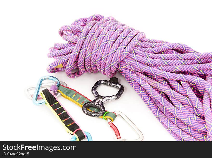 Climbing rope with carabiners with white background. Climbing rope with carabiners with white background