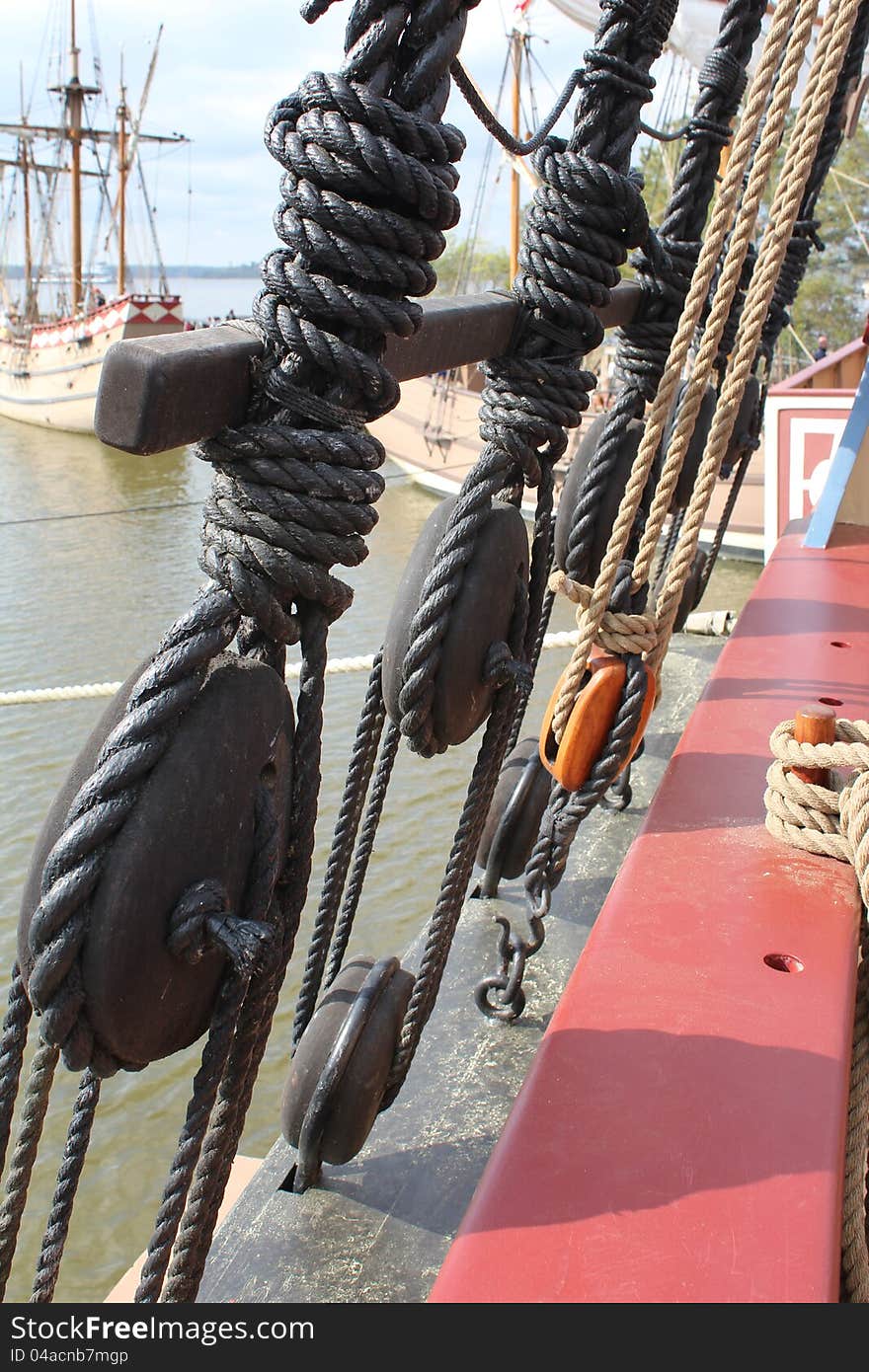 Ship's ropes on replica ship in Jamestown Virginia. Ship's ropes on replica ship in Jamestown Virginia