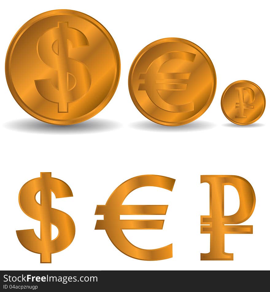 Different coins and symbols of currencies on a white background