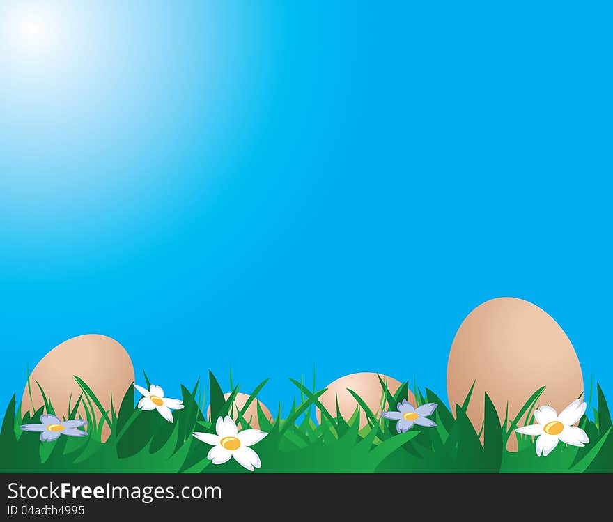 Illustration of chicken eggs on the grass against blue sky