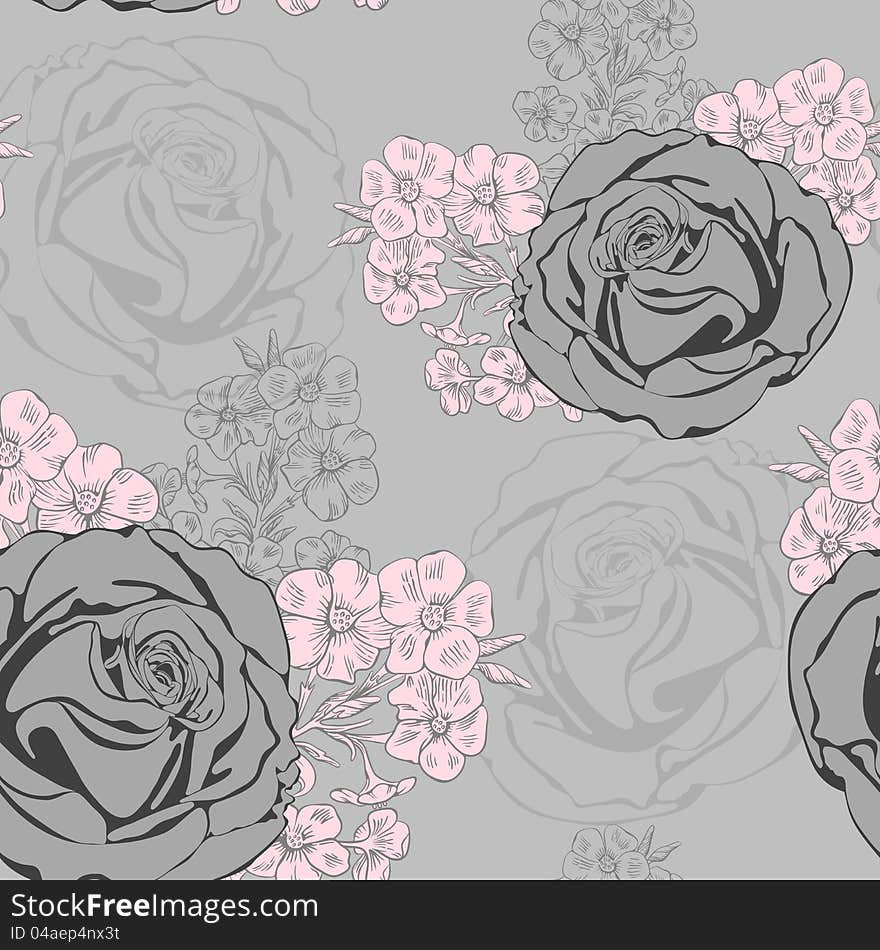 Vector seamless background with roses and phlox. Vector seamless background with roses and phlox.