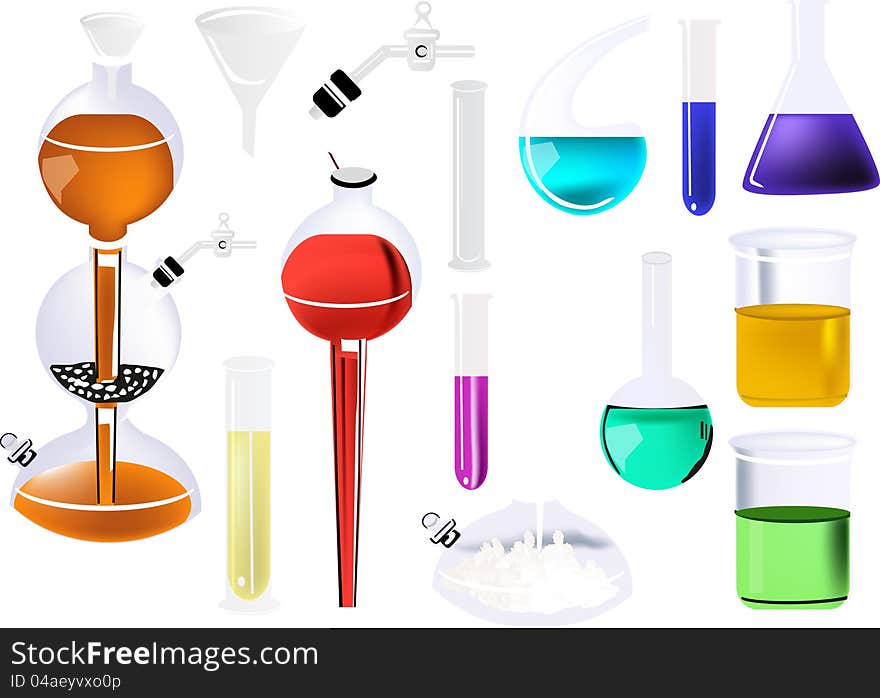 Illustration with chemical glass collection isolated on white. Illustration with chemical glass collection isolated on white