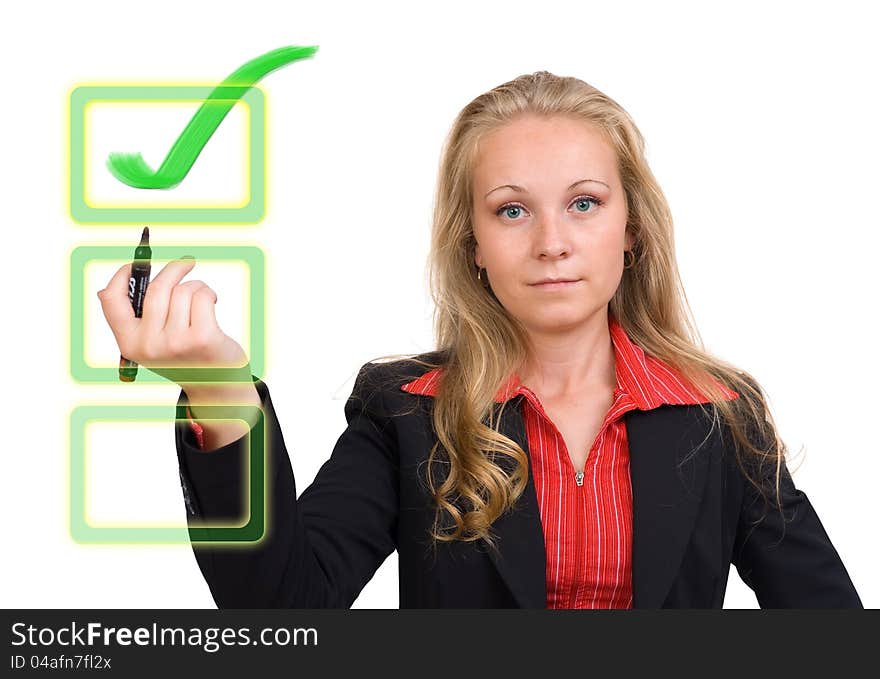 Young business woman with a virtual green check mark on a virtual monitor. Young business woman with a virtual green check mark on a virtual monitor