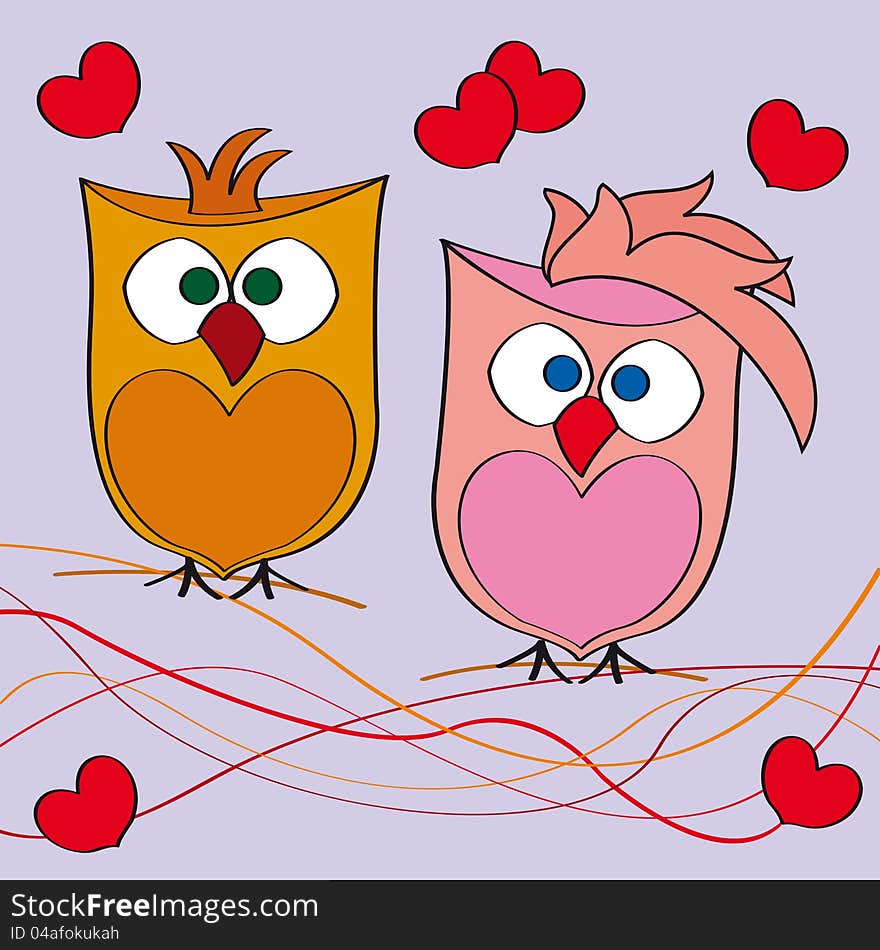 Kid illustration with a couple of owls in love