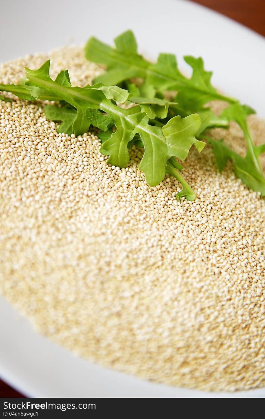 Arugula greens on a bed of quinoa: two healthy and trendy foods. Arugula greens on a bed of quinoa: two healthy and trendy foods