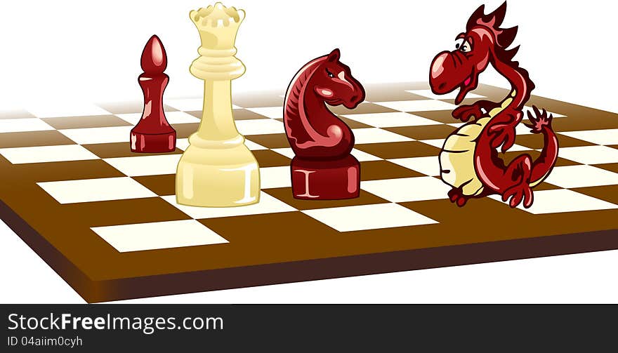 The illustration shows a chess board. On it are chess pieces and the Dragon. Illustration done in cartoon style, on separate layers. The illustration shows a chess board. On it are chess pieces and the Dragon. Illustration done in cartoon style, on separate layers.