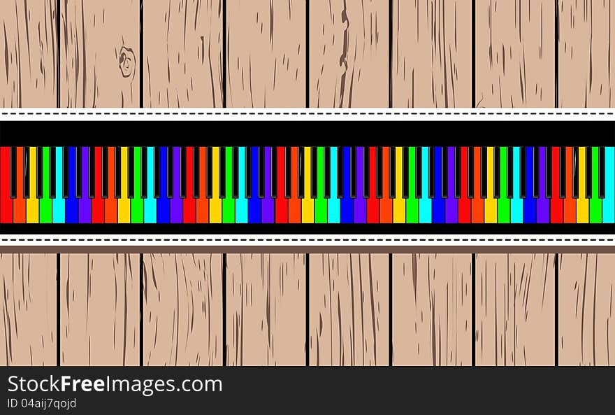 Wooden card with rainbow piano. Vector illustration EPS8.