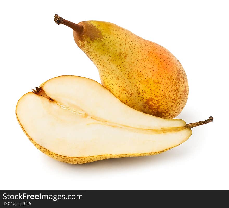 Two pears cut and whole against white background