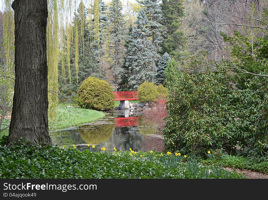 A beautiful bridge showing reflections on the water. A beautiful bridge showing reflections on the water.