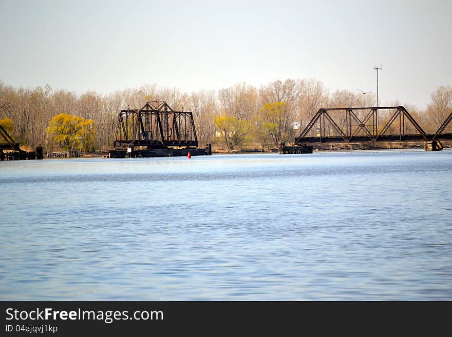 View of an opened train bridge on the river