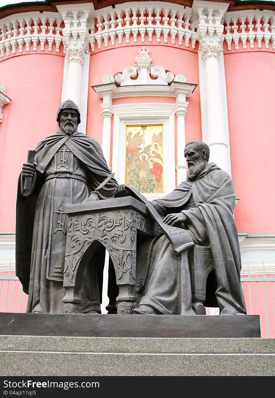 Bronze statue to monks  educators of the Epiphany Monastery in Moscow. Bronze statue to monks  educators of the Epiphany Monastery in Moscow