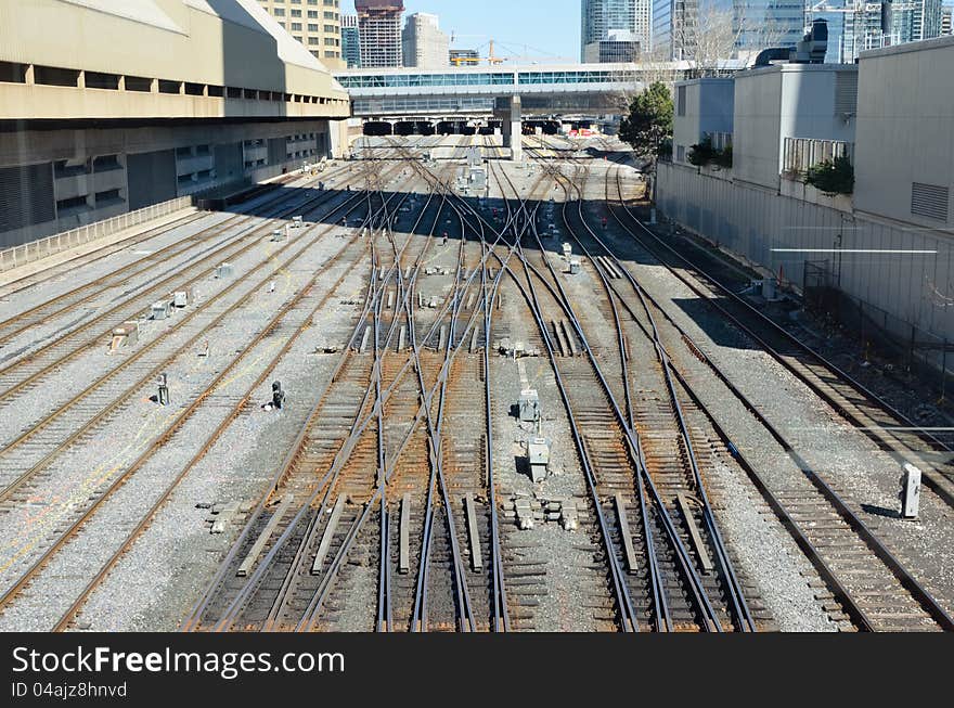 Converging railroad tracks approaching large station. Converging railroad tracks approaching large station