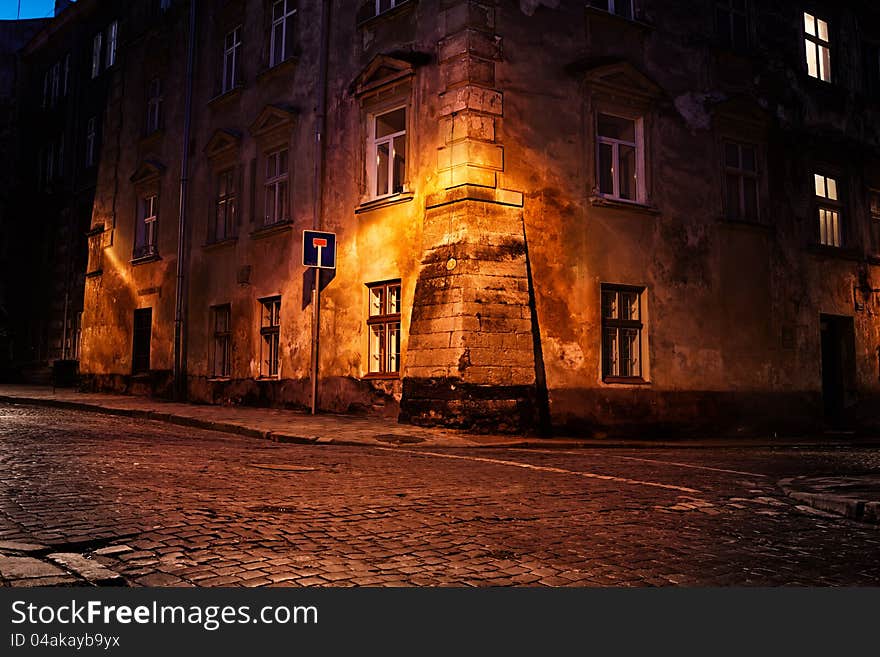 Old European town at night