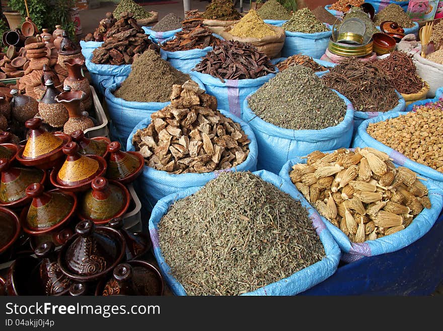 Spices for sale on a moroccac souk in Marrakesh