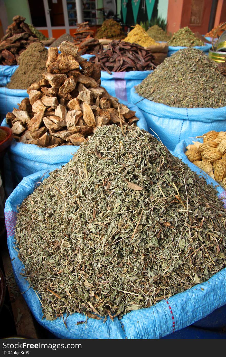 Spices for sale on a moroccac souk in Marrakesh