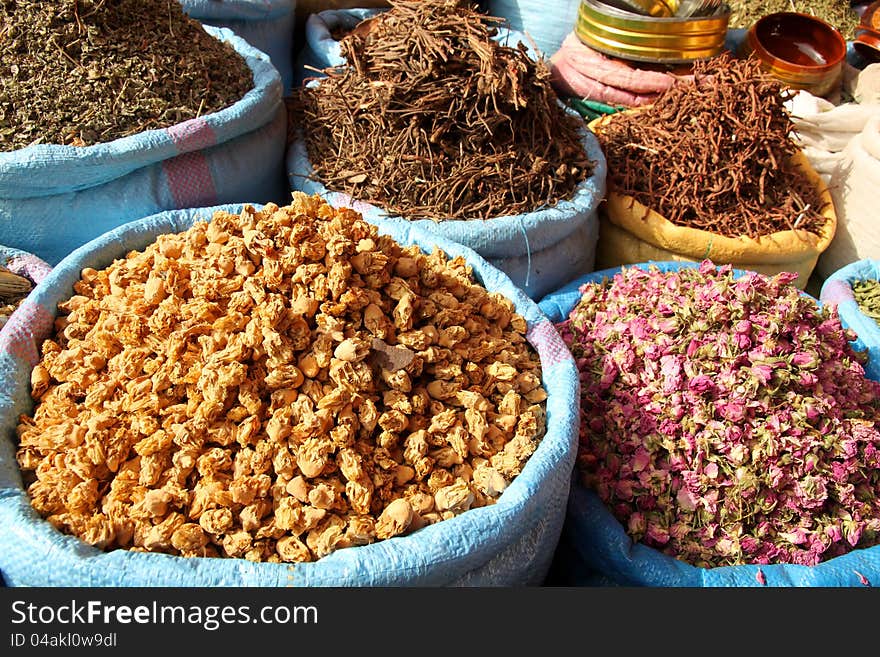 Spices for sale on a moroccac souk in Marrakesh