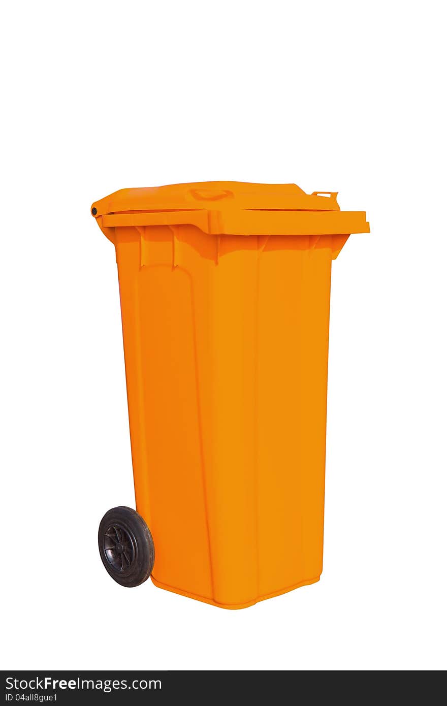 Large orange garbage bin with wheel in white background