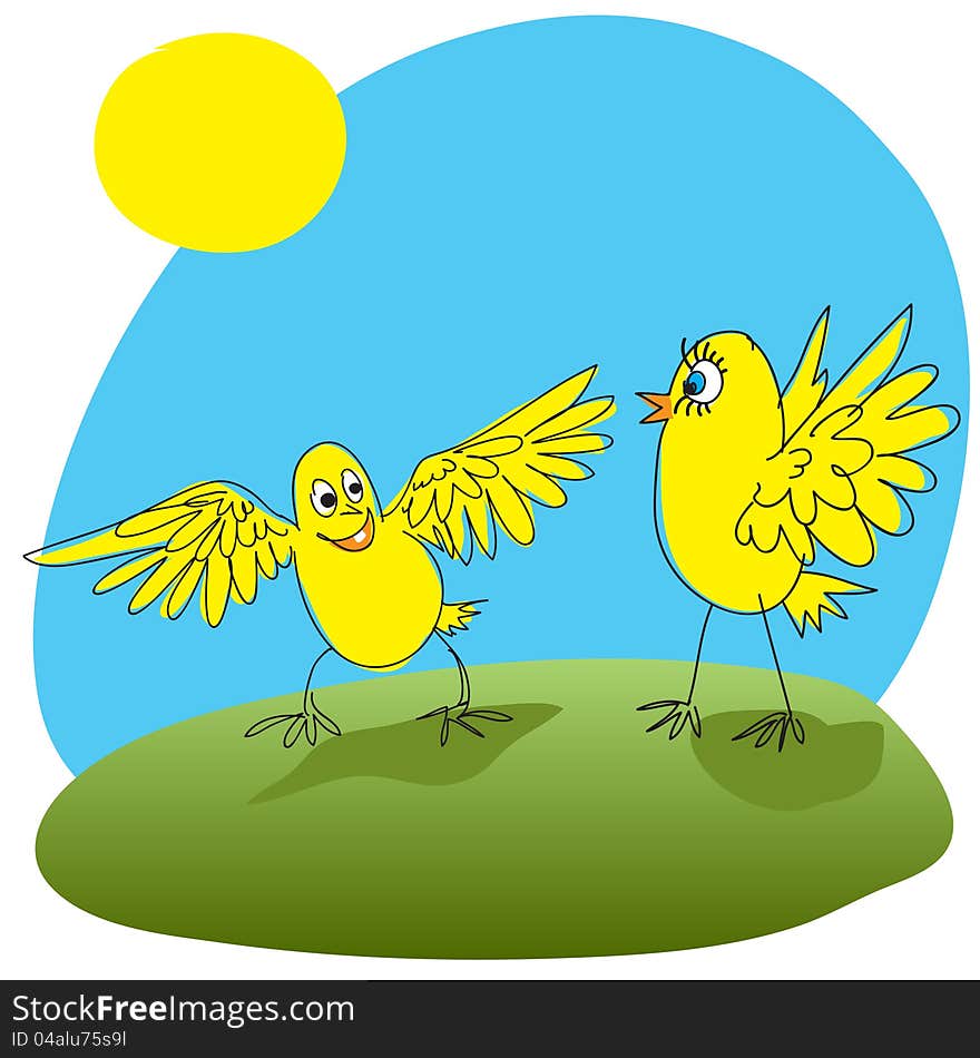 Joyful chicken welcomed friend. Vector illustration.