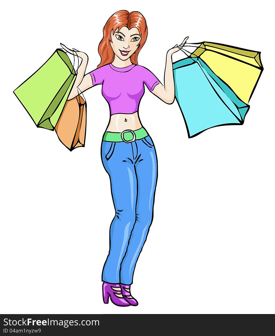 Painted a cheerful girl standing with shopping. Painted a cheerful girl standing with shopping