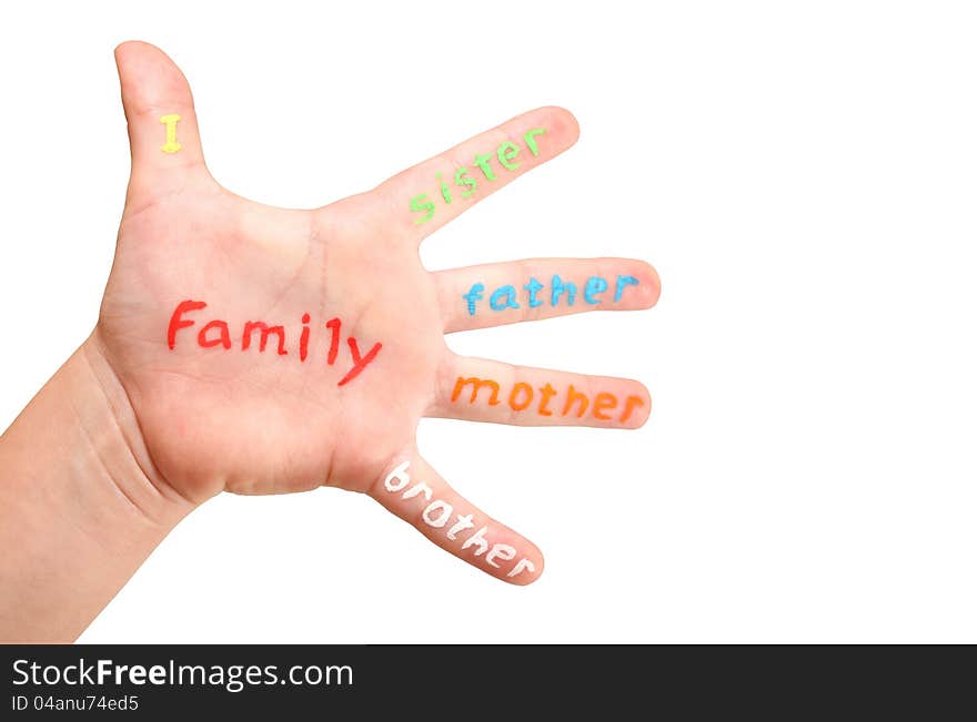 Children's hand with the words on the fingers (mother, father, brother, sister). Children's hand with the words on the fingers (mother, father, brother, sister)