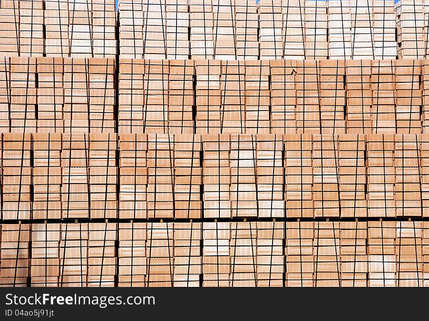 Pallets of bricks stacked in the warehouse