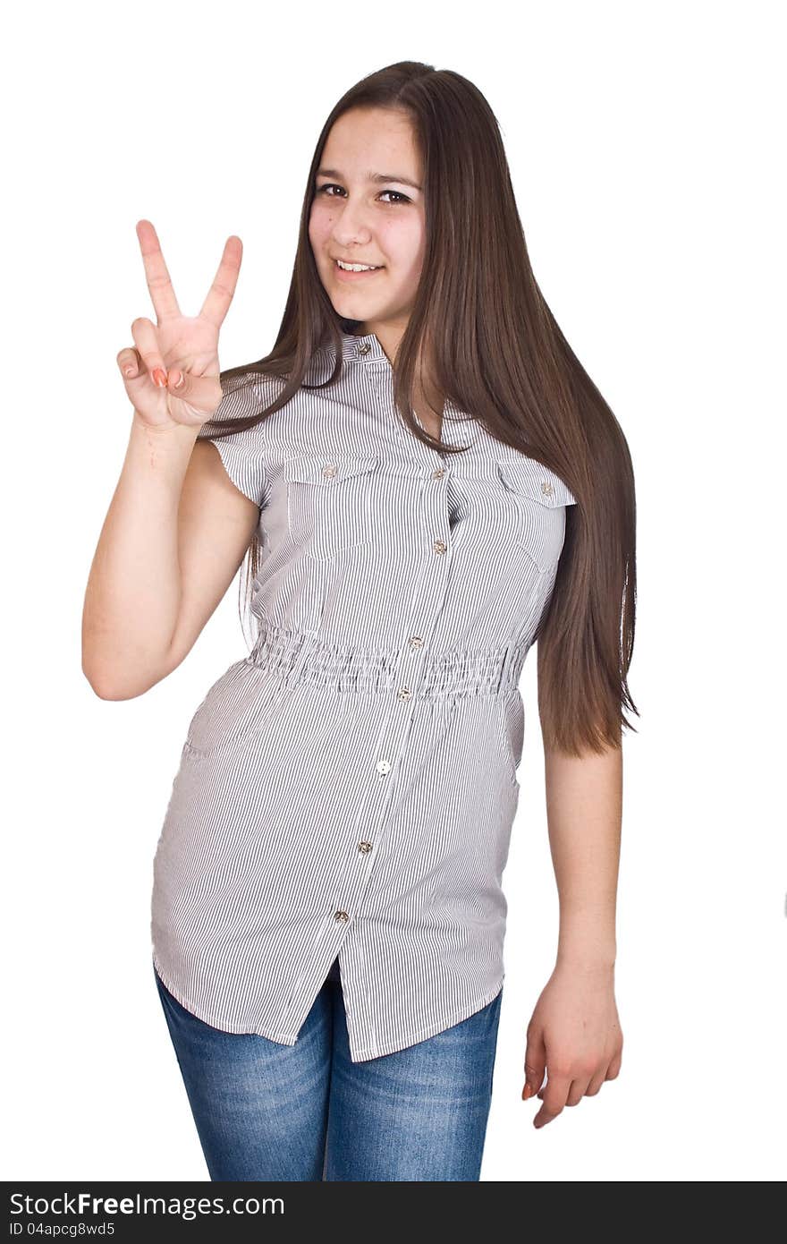 Woman giving peace sign isolated on a white background