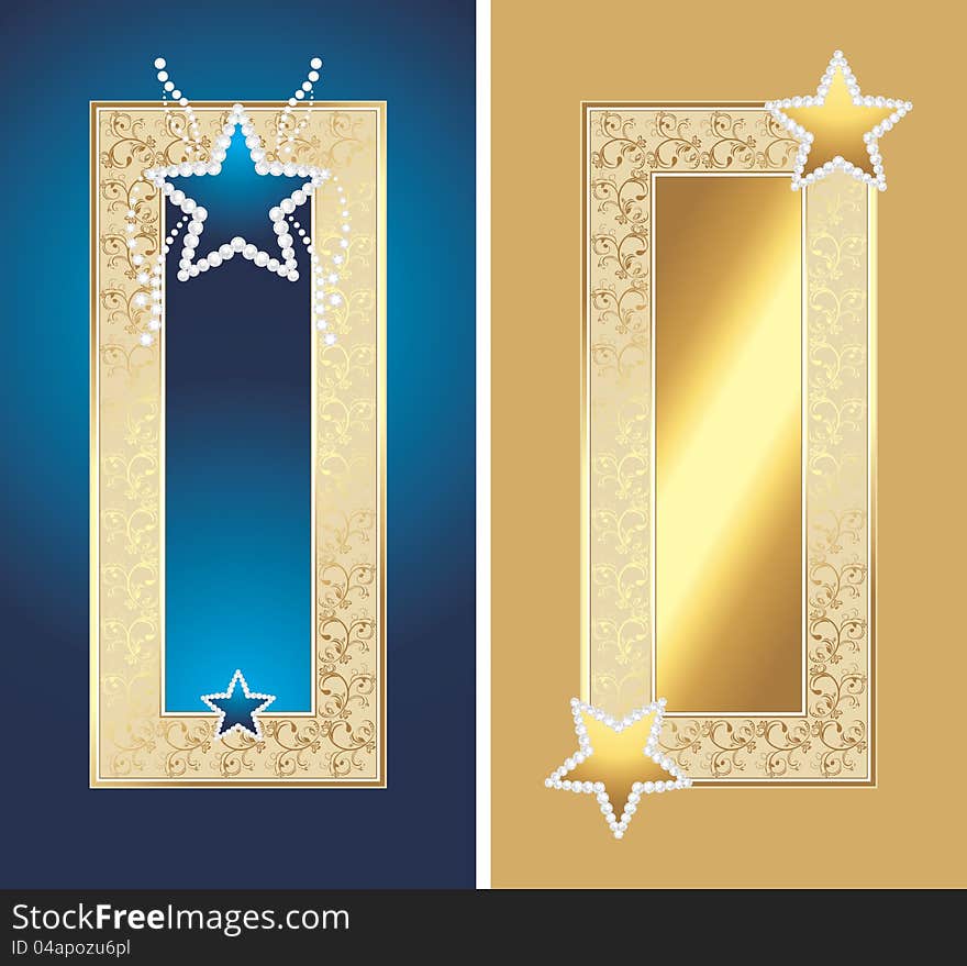 Two golden frames with shining stars. Illustration