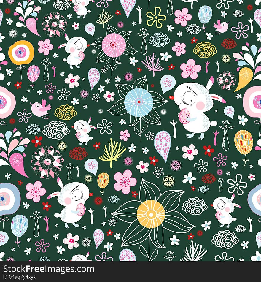 Seamless floral pattern with rabbits on a dark green background. Seamless floral pattern with rabbits on a dark green background