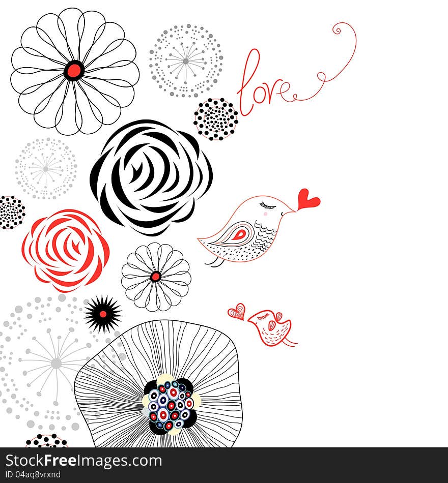 Graphic flowers and birds in love on a white. Graphic flowers and birds in love on a white