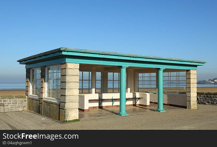 A shelter located at an English seaside resort. A shelter located at an English seaside resort