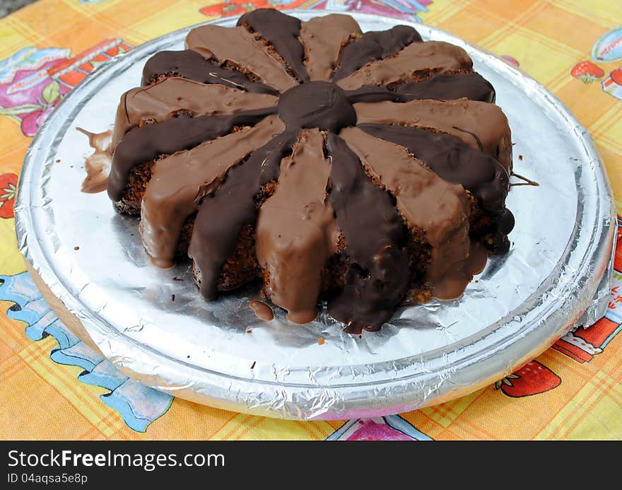 Almond cake covered with chocolate