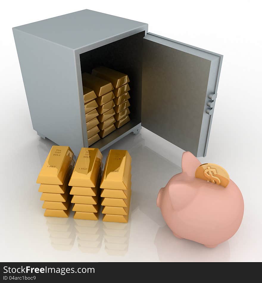 Bullions and piggy bank in a security safe