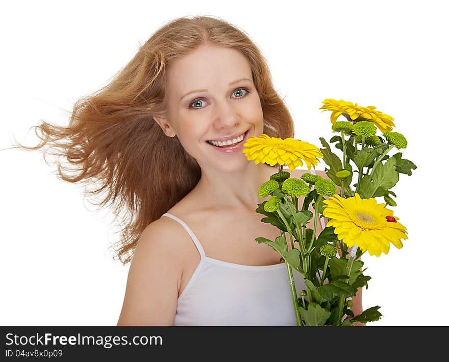 Beautiful smiling girl holding bouquet flowers