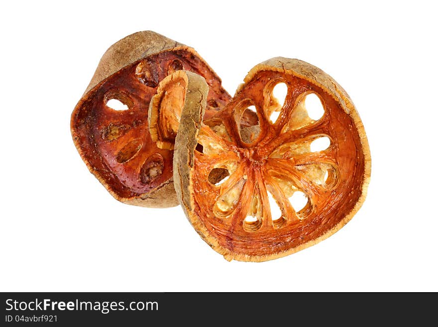 Asian herbal Tea : Sun-Dried Bael Fruit (Stone Apple), isolated on white background