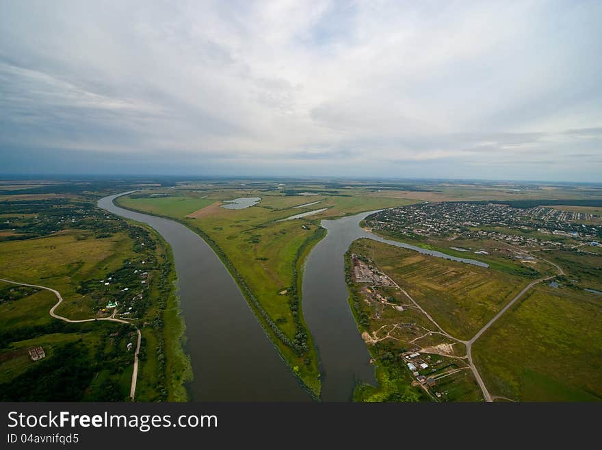 Aerial view on the river from the balloon