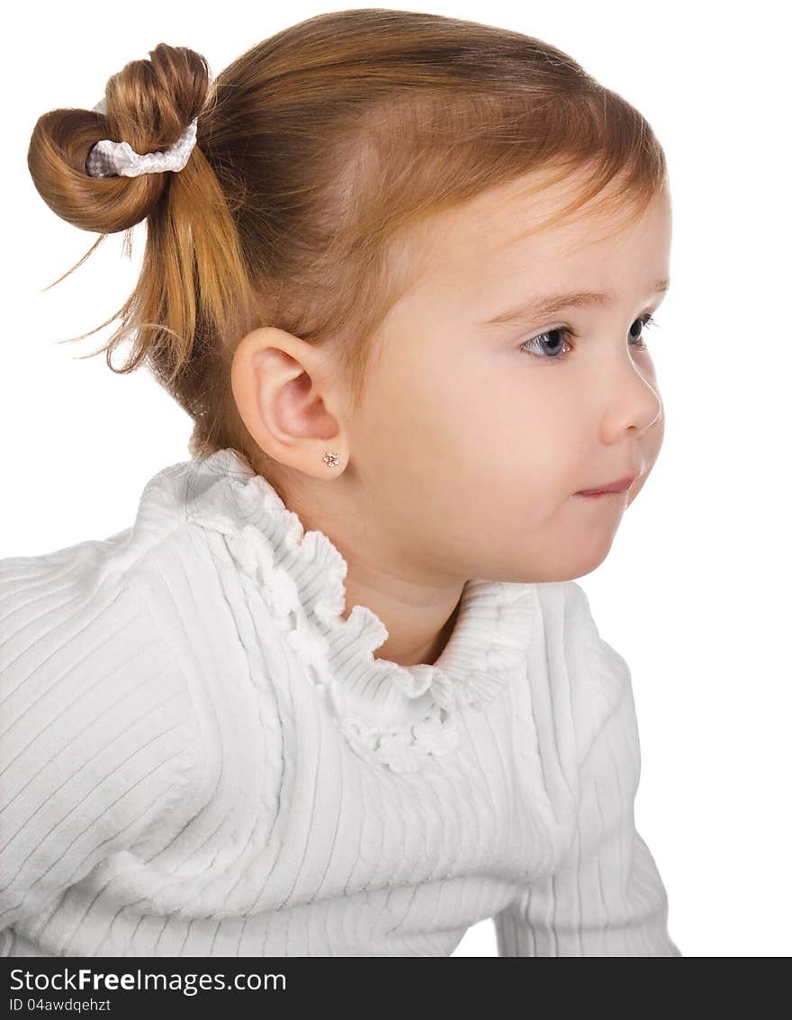 Portrait of cute little girl on white background