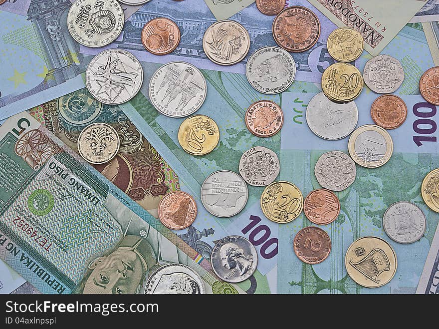 Banknotes and coins close up. Banknotes and coins close up