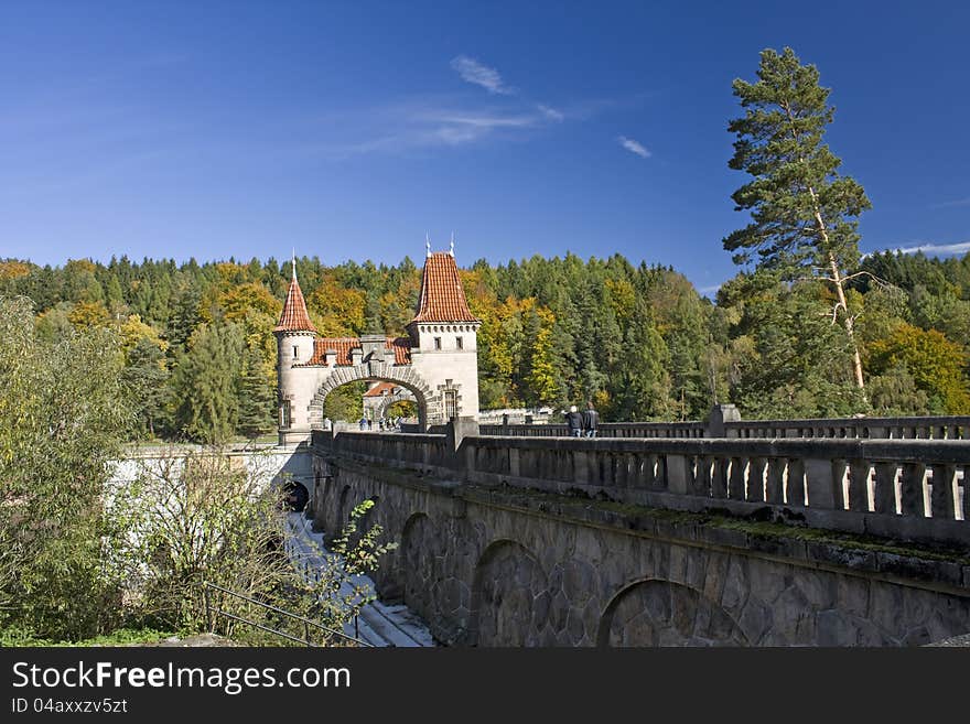 Picturesque autumn, historic dam les kralovstvi in bila tremesna, one of the oldest in the czech republic