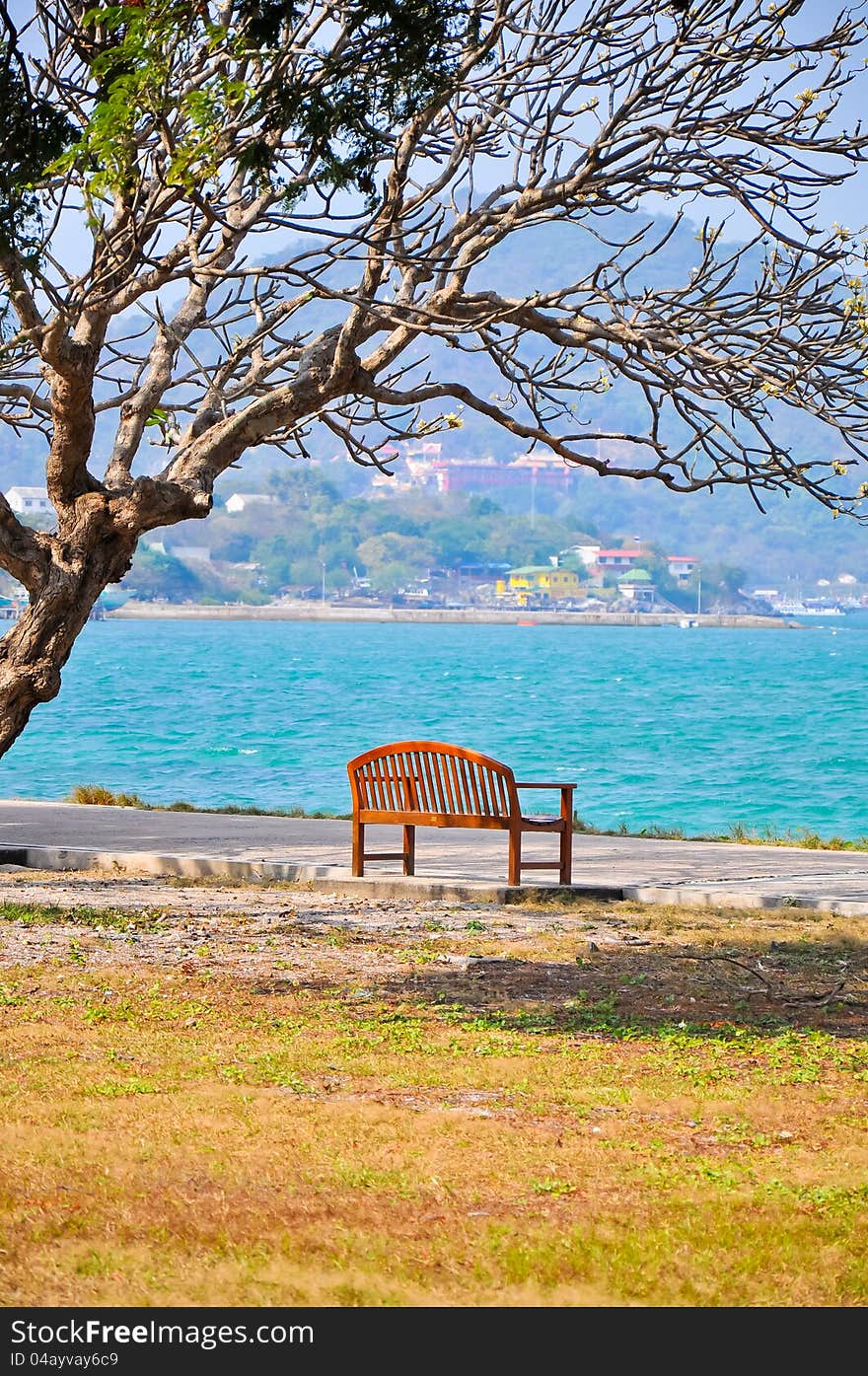 A chair on the seaside with the big tree at koh srichang, chonburi, thailand