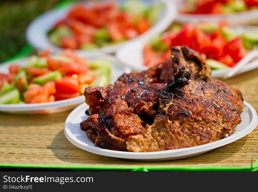 Fresh meat in white plate. Picnic picture proper for restaurant menu design.