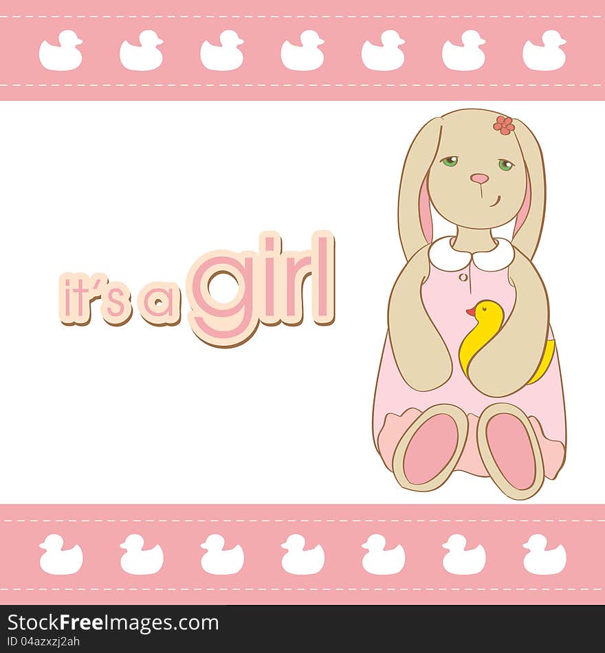 Baby girl arrival card with rabbit. baby shower.vector illustration.