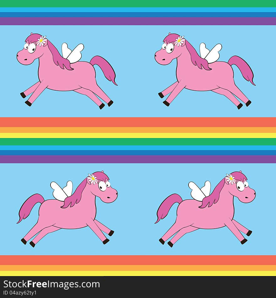 Seamless pattern with cartoon magic horse with wings. Vector illustration.