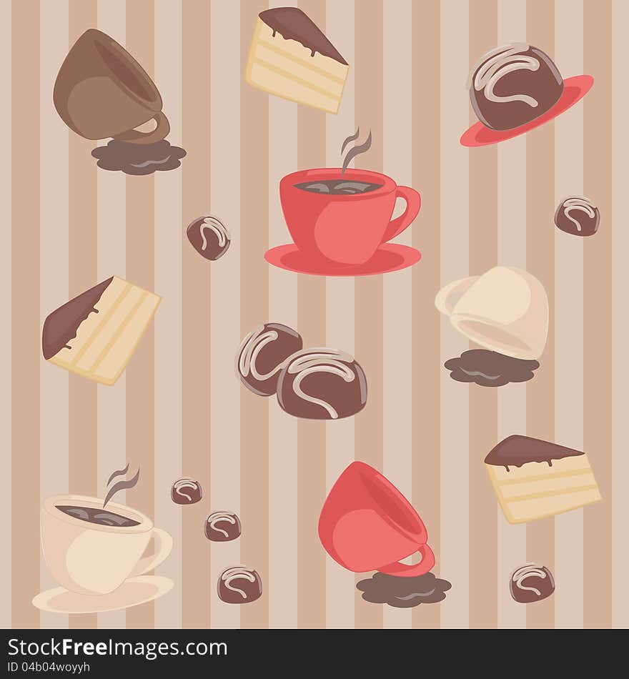 Seamless pattern with coffee cups and cakes