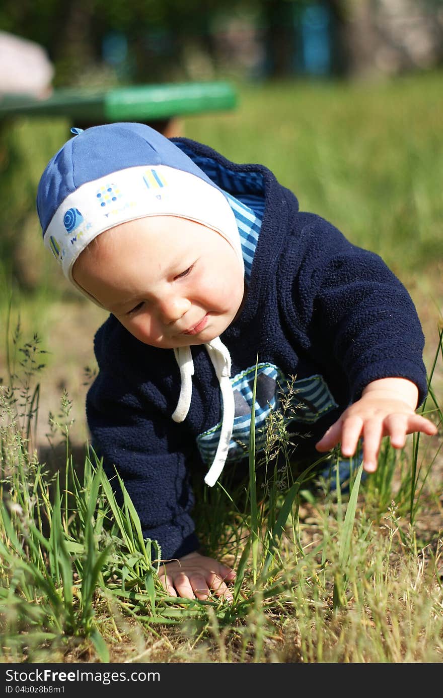 Baby Crawls On The Grass