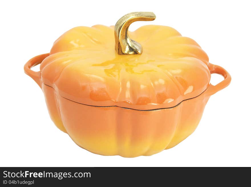 A large saucepan in a pumpkin on a white background