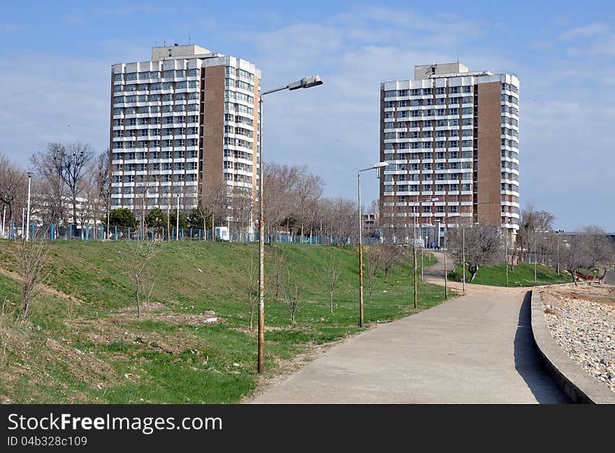 Landscape with golf and twin towers in Mangalia resort of Romania